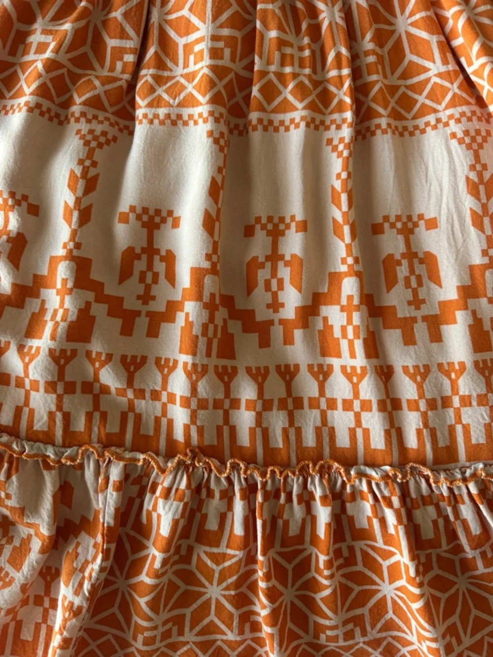 Orange Geometric Print Halter Neck Tiered BTFBM Mini Dress Tie Waist Lined Large - Picture 4 of 10